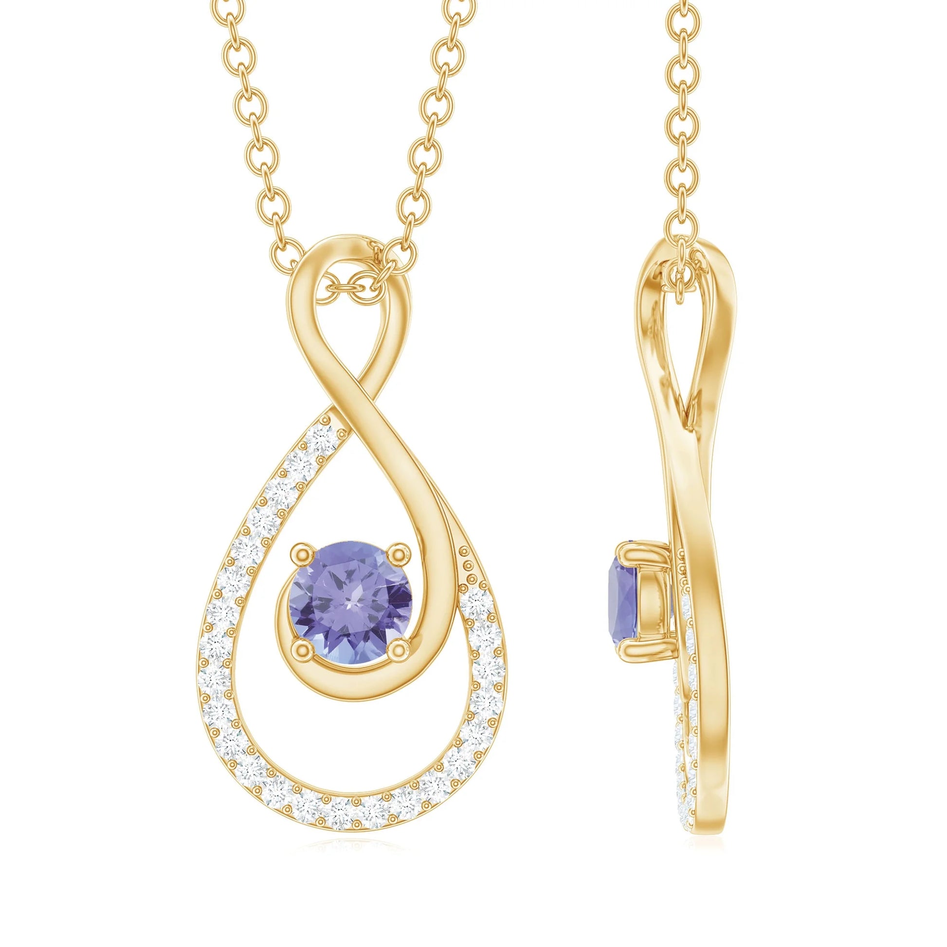 Natural Tanzanite Infinity Pendant Necklace (AAA Grade) - Tanzanite Diamond Necklace - Ready to Gift for Valentines, 14K Yellow Gold