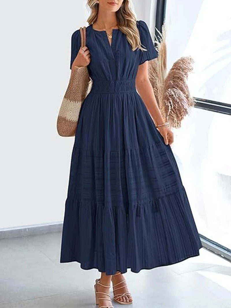 VivaSpring™ Layered Swing Dress – Women's V-Neck, Bubble Sleeves, and Big Swing Design for Effortless Style
