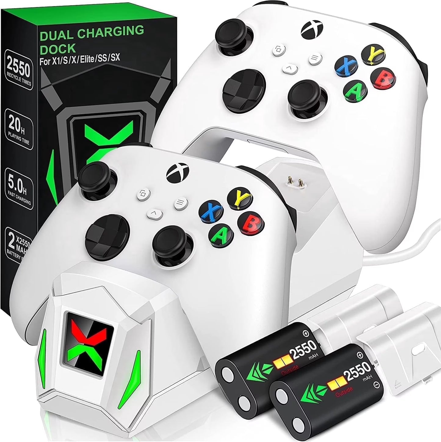Xbox Controller Charger Station with 2 X5520Mwh Rechargeable Battery Pack for Xbox Series X|S, Xbox One, One S, One X & Elite Controllers