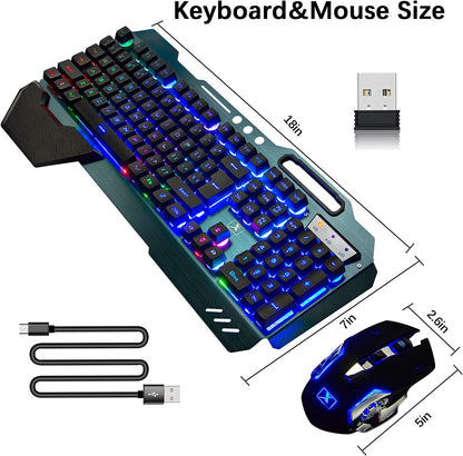 Wireless Gaming Keyboard and Mouse,Rainbow Backlit Rechargeable Keyboard Mouse with 3800Mah Battery Metal Panel,Removable Hand Rest Mechanical Feel Keyboard and 7 Color Gaming Mute Mice for PC Gamers